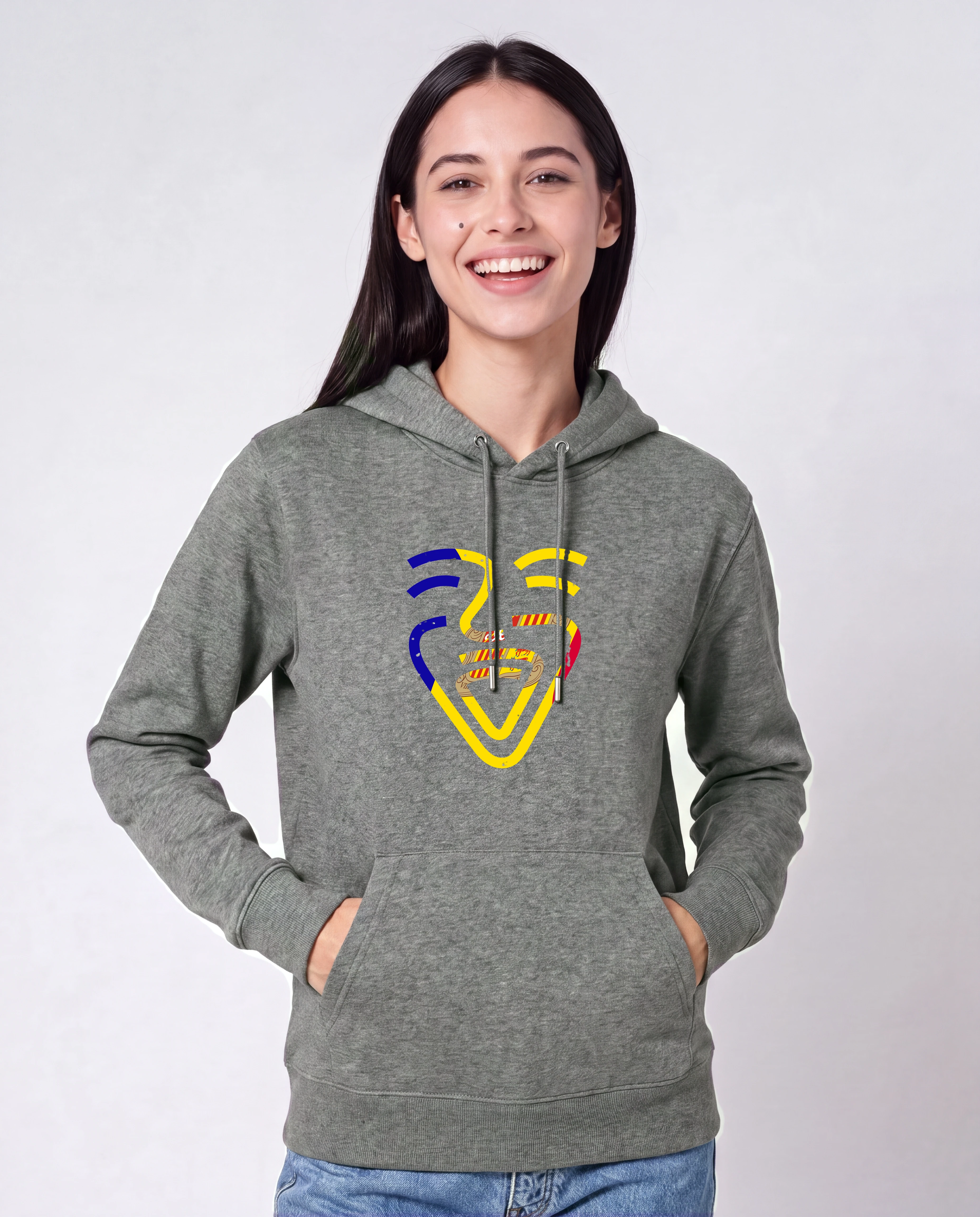 Andorra Hoodie in Mid Heather Grey, Model Frau, Hände in den Taschen