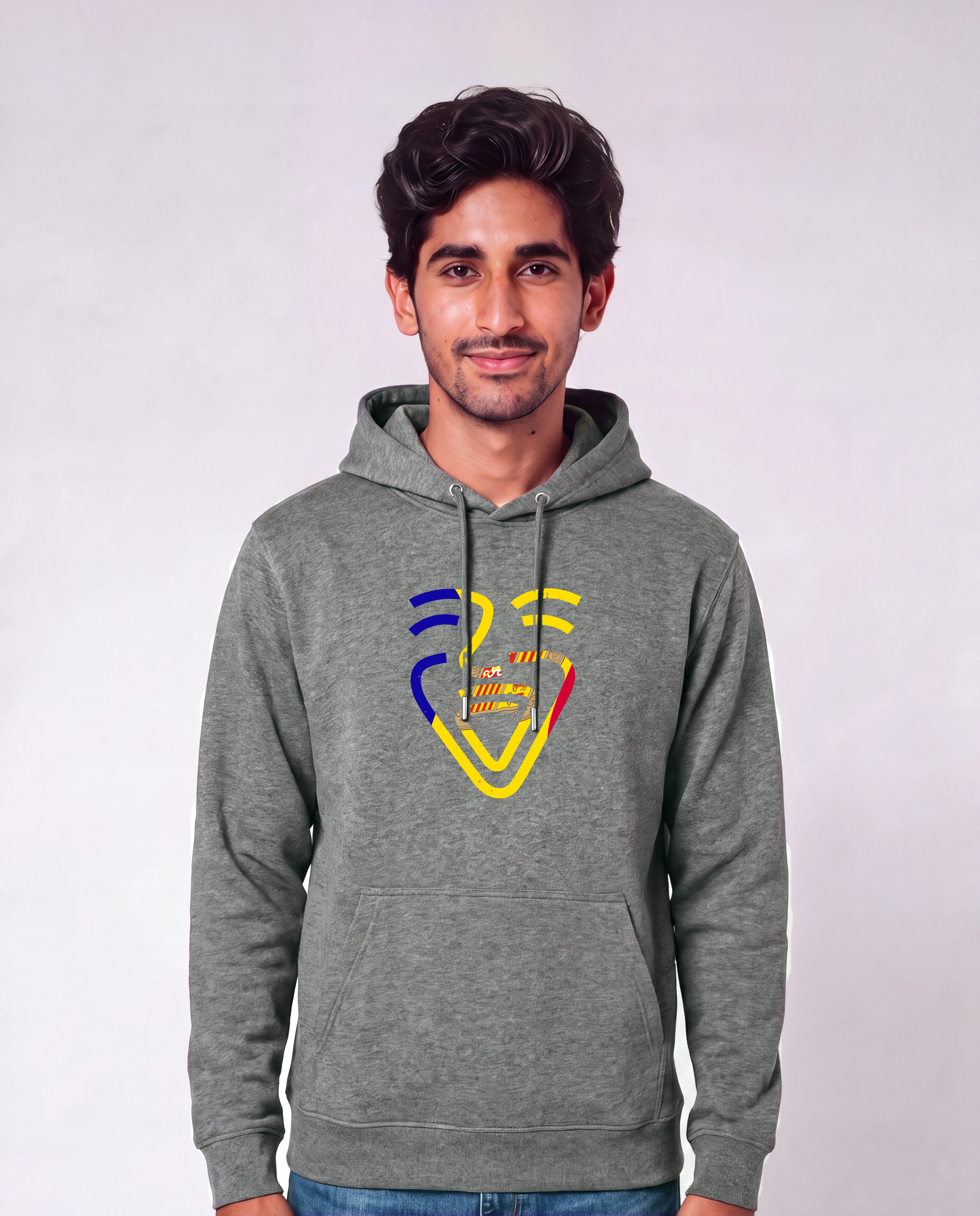 Andorra Hoodie in Mid Heather Grey, Model Mann, frontal