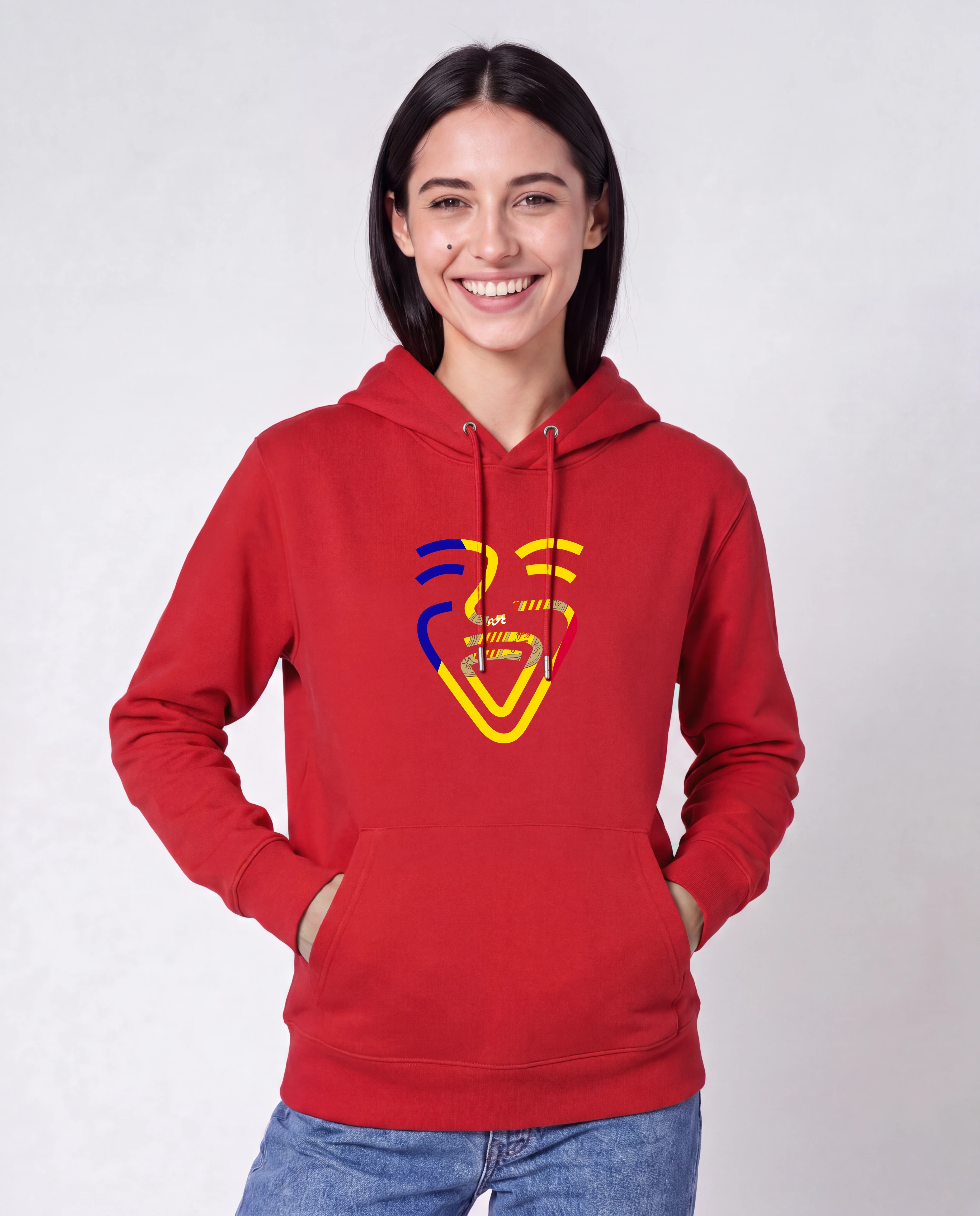 Andorra Hoodie in Red, Model Frau, Hände in den Taschen