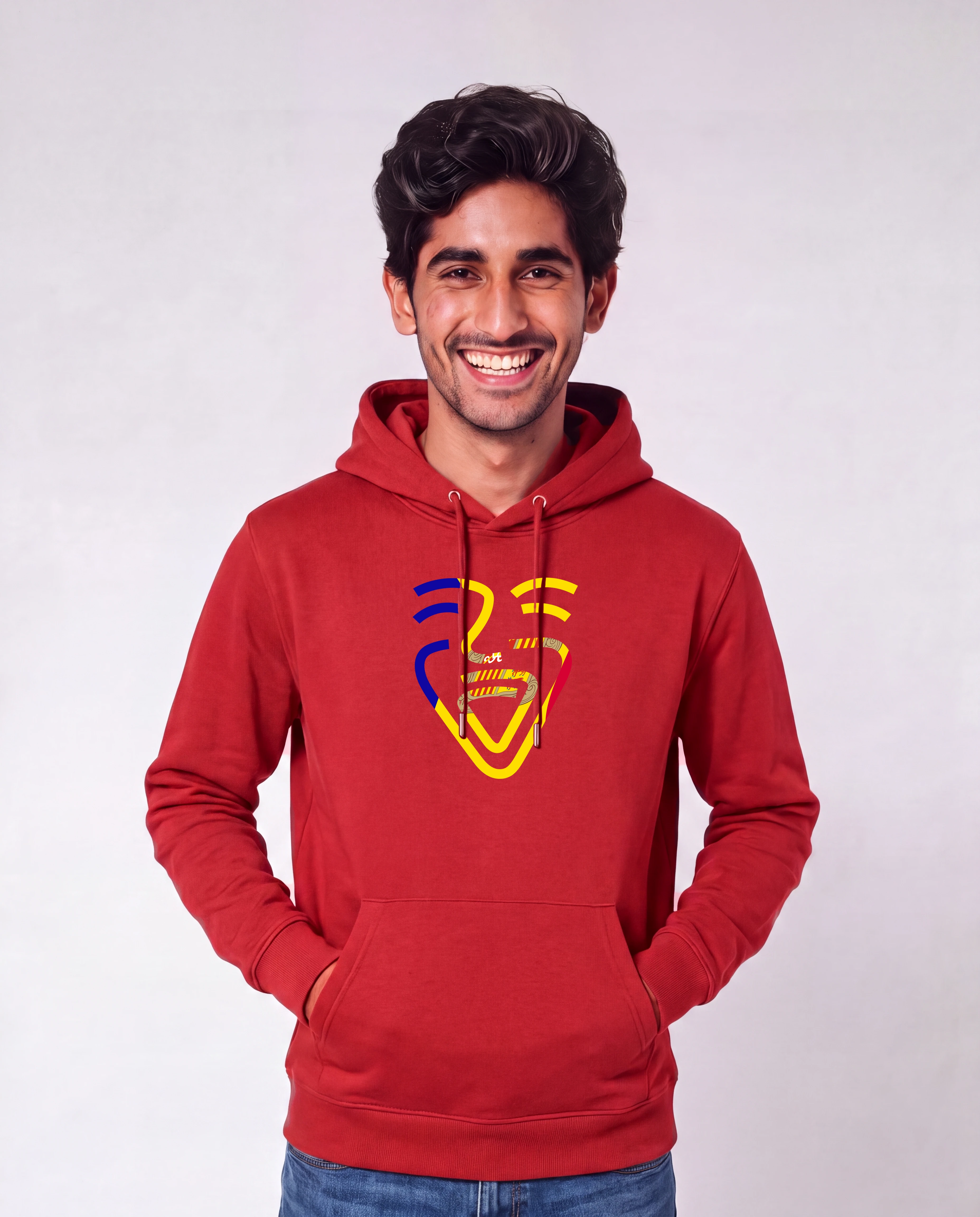 Andorra Hoodie in Red, Model Mann, Hand an der Hüfte