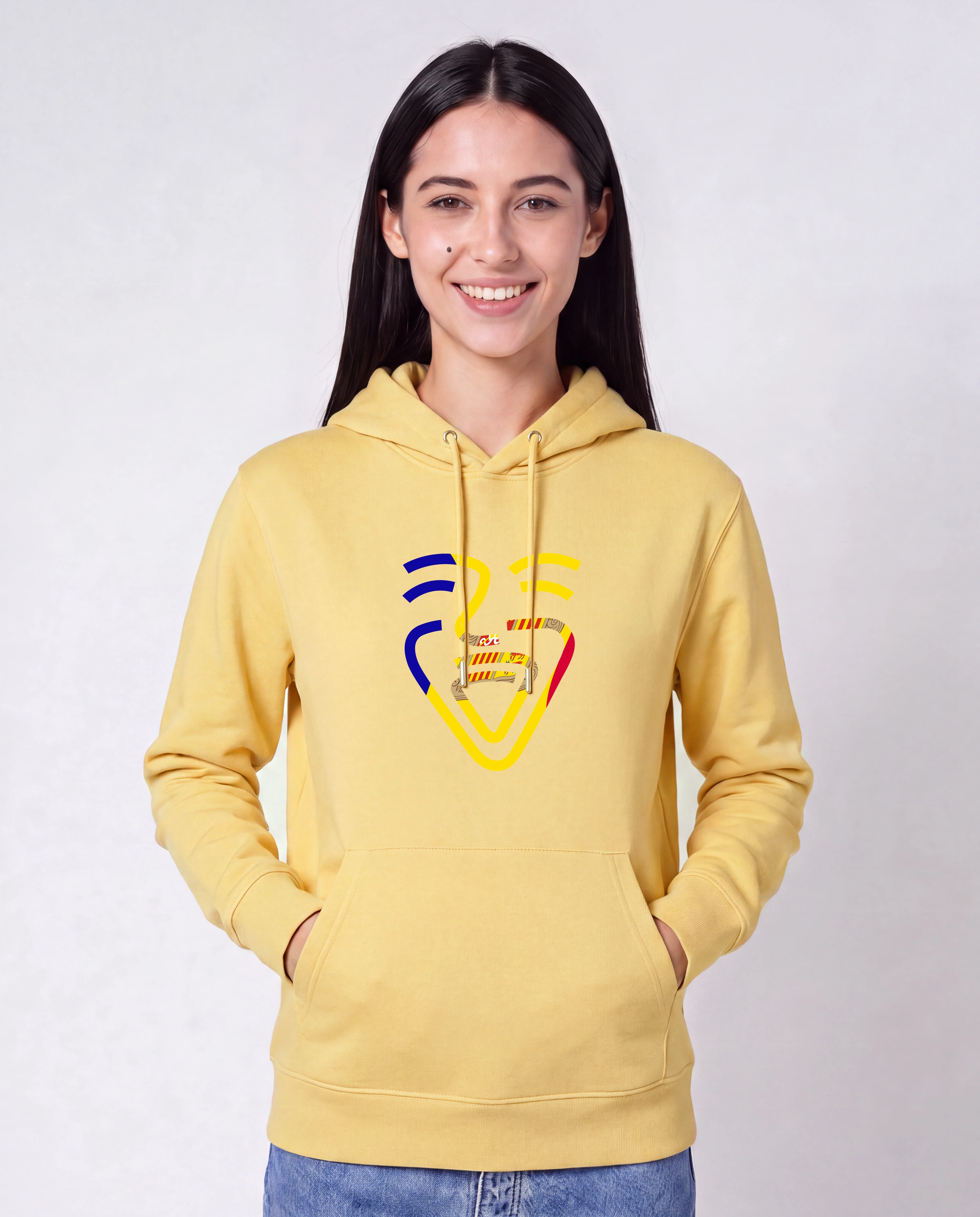 Andorra Hoodie in Viva Yellow, Model Frau, Hände in den Taschen