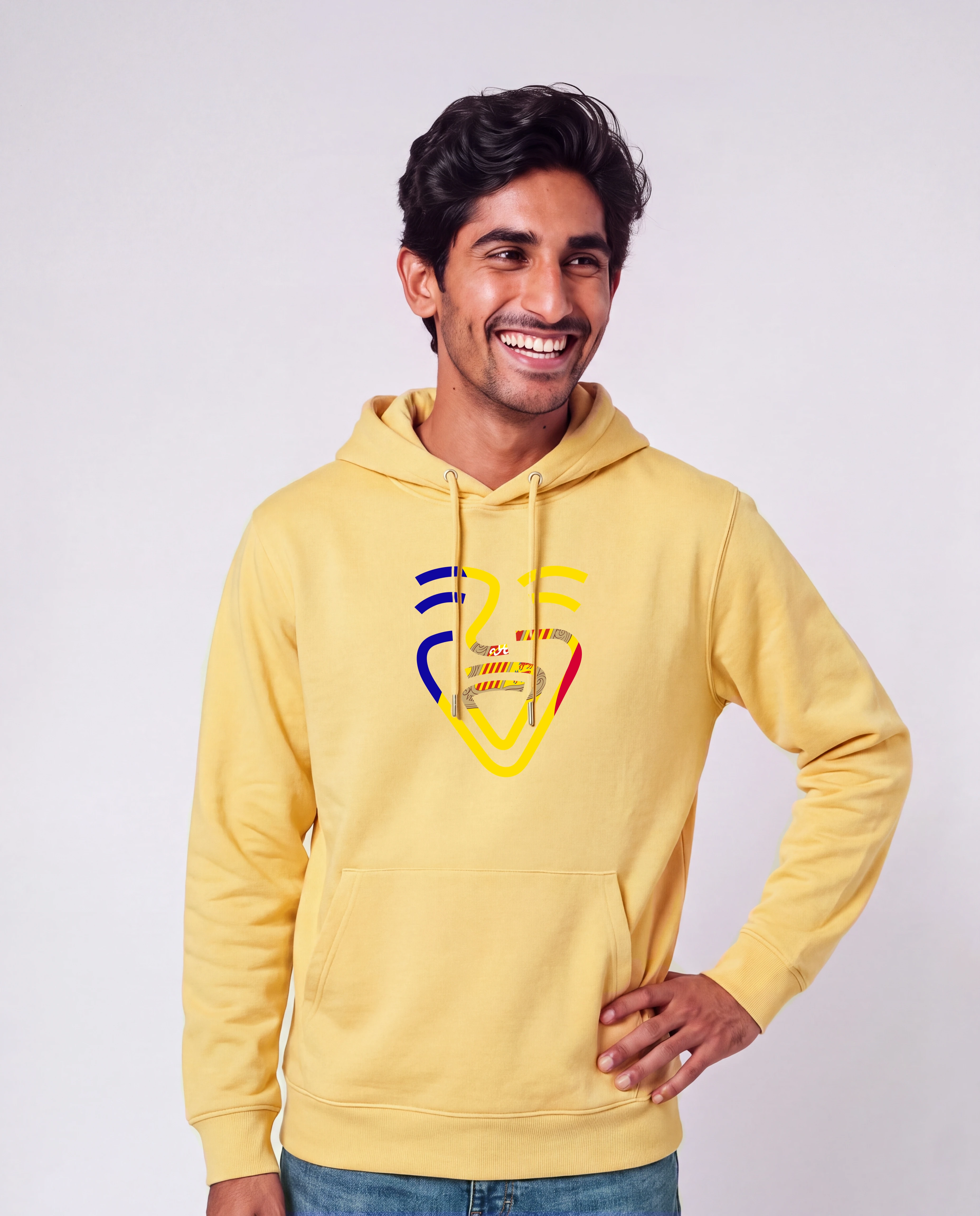 Andorra Hoodie in Viva Yellow, Model Mann, Hand an der Hüfte