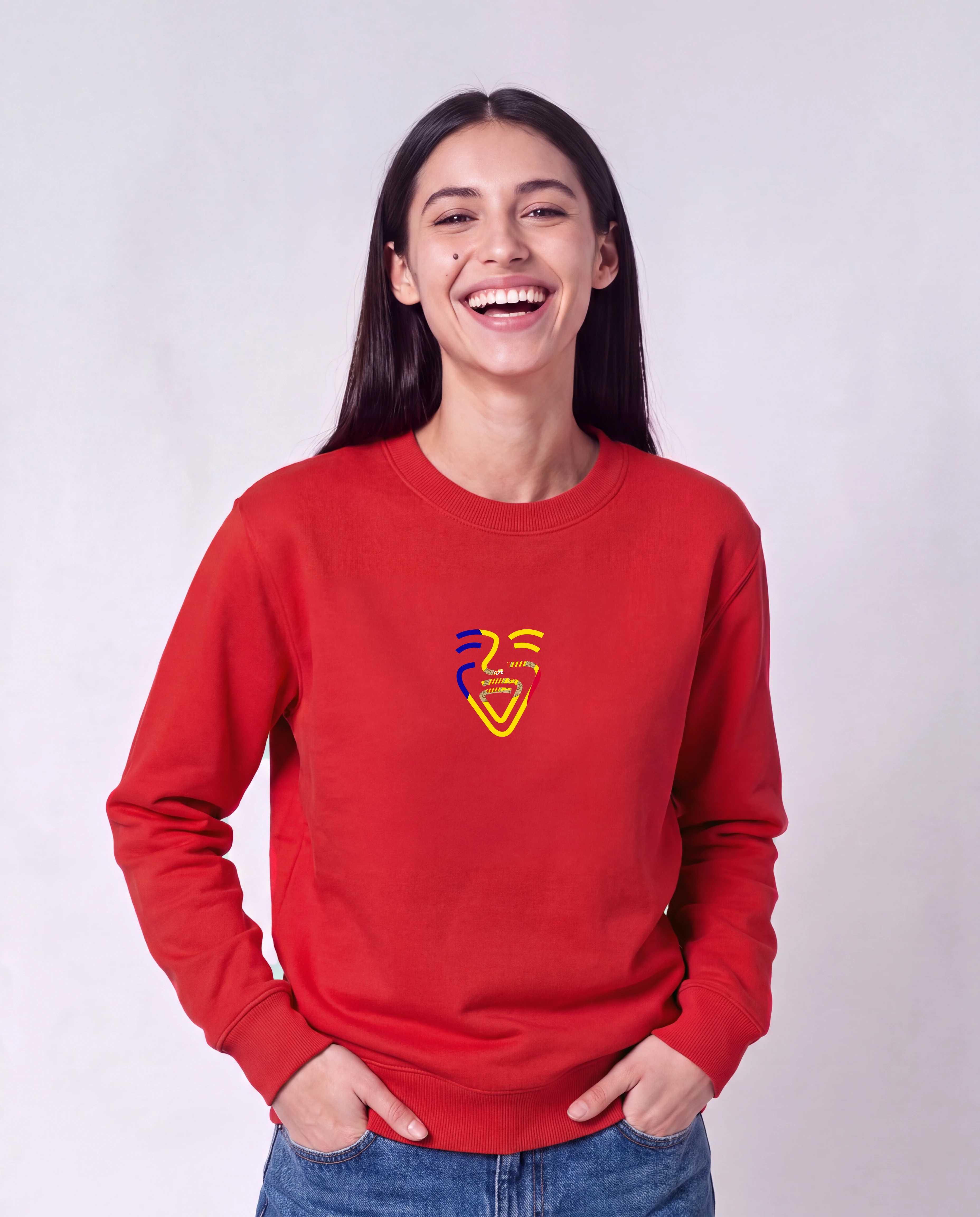 Andorra Sweater in Red, Model Frau, Hände in den Taschen