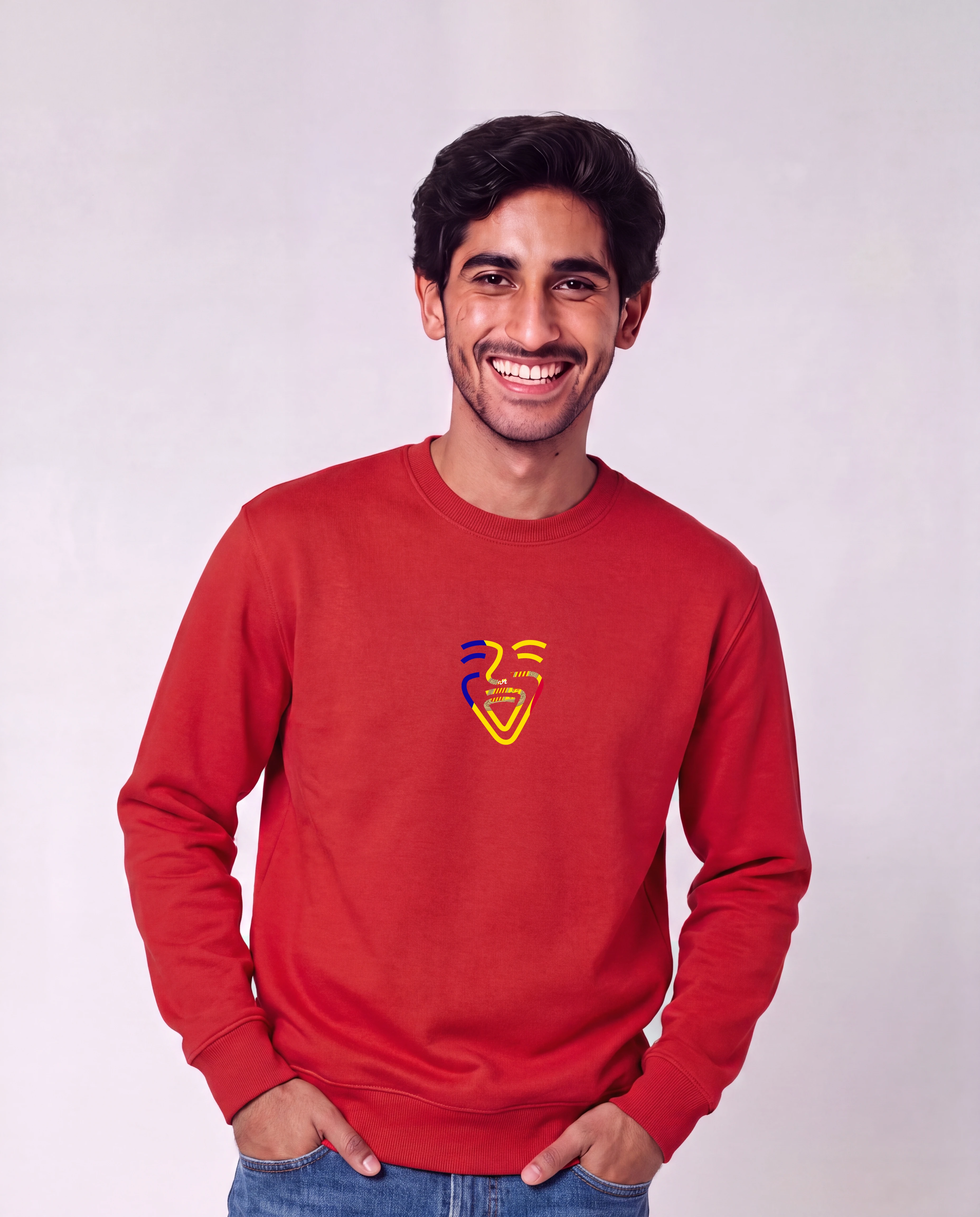 Andorra Sweater in Red, Model Mann, Hände in den Taschen